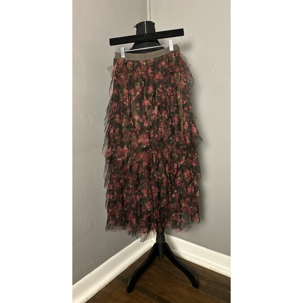 Amber Sky Ruffle Tulle Midi Length Dark Floral Skirt Size S,Goth Romantic, Fairy